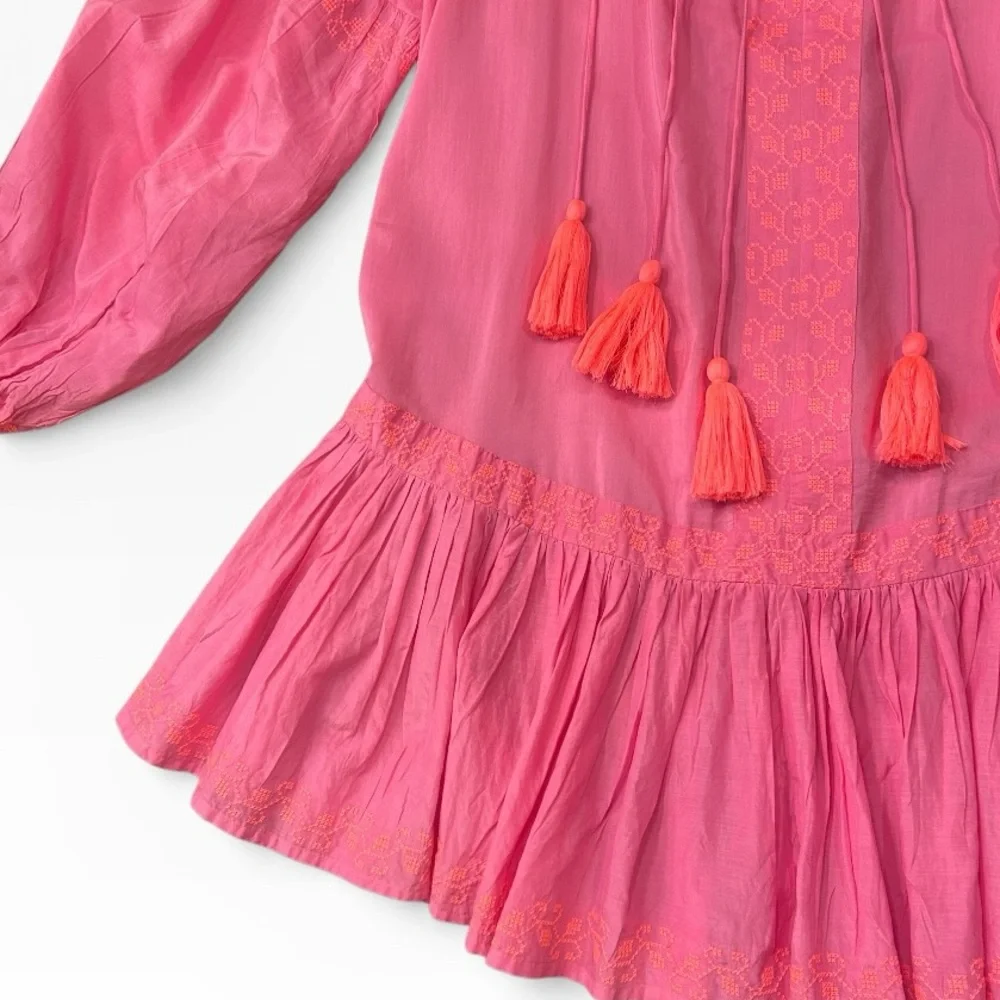 Pranella Pink Embroidered Tassel Boho Loose Fit Dress Size Small - Picture 6 of 12